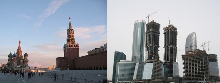 Bilde som viser kontrast mellom gammelt og nytt i Moskva.