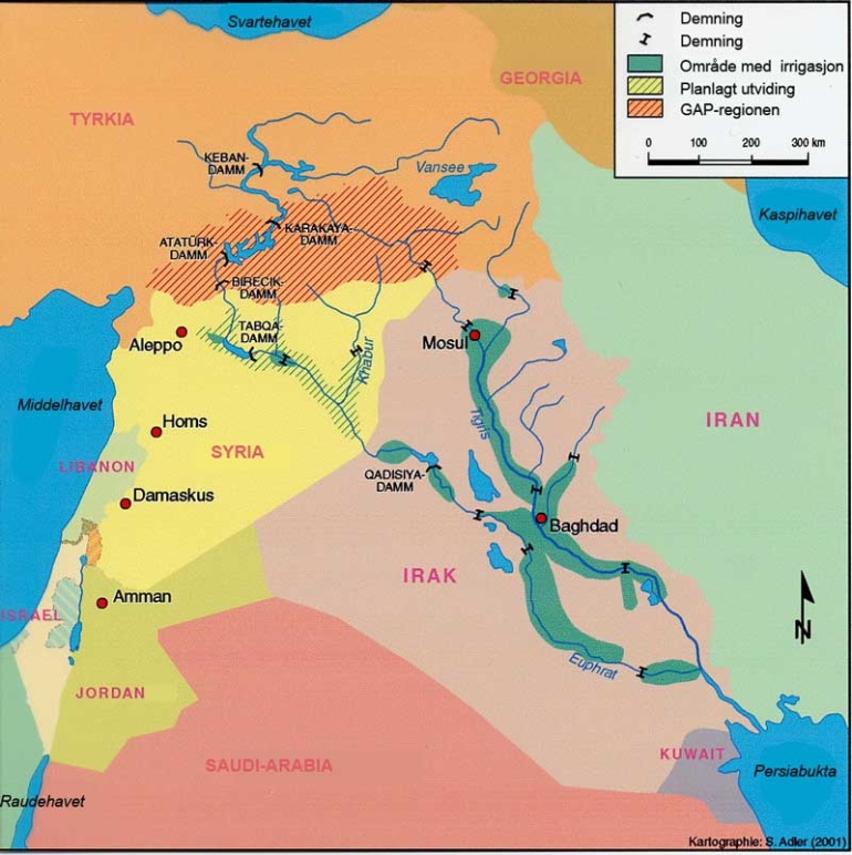 Kart over Midtøsten med områder og vannkilder