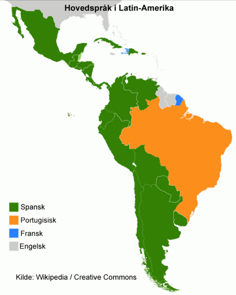 Kart over hvor hva slags land som bruker de forskjellige språkene i Latin-Amerika