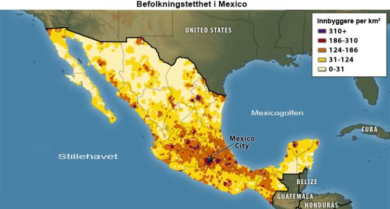 Kart som viser befolkningstetthet i Mexico