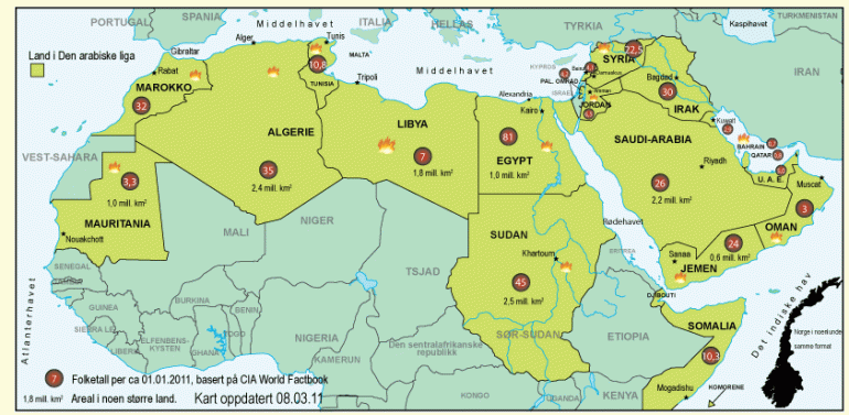 Kart over Afrika og Midtøsten som viser folketall og konflikter
