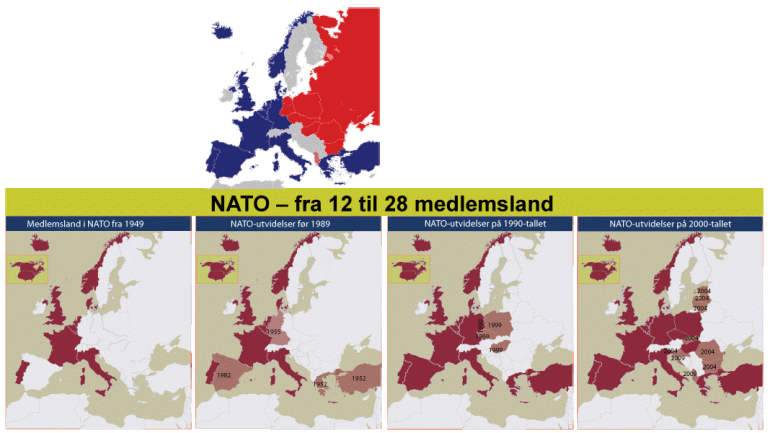 Forskjellige kart som viser oversikt over Nato-land til ulike tidspunkt