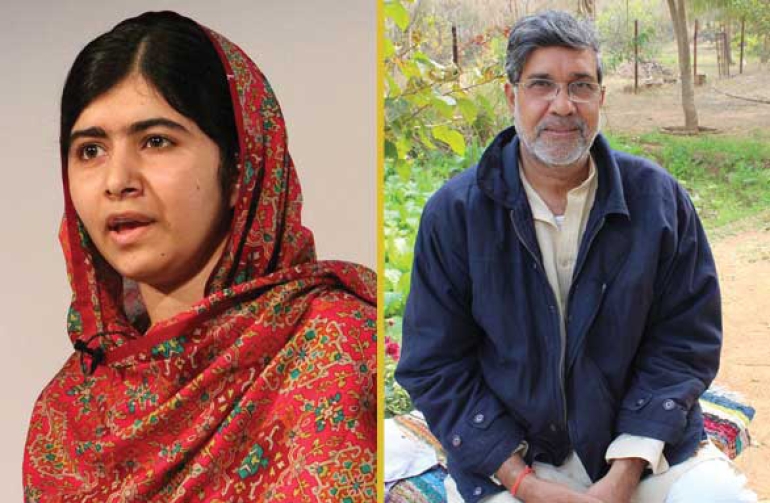 Bilde av Malala og Kailash. Begge to vant Nobels fredspris i 2014