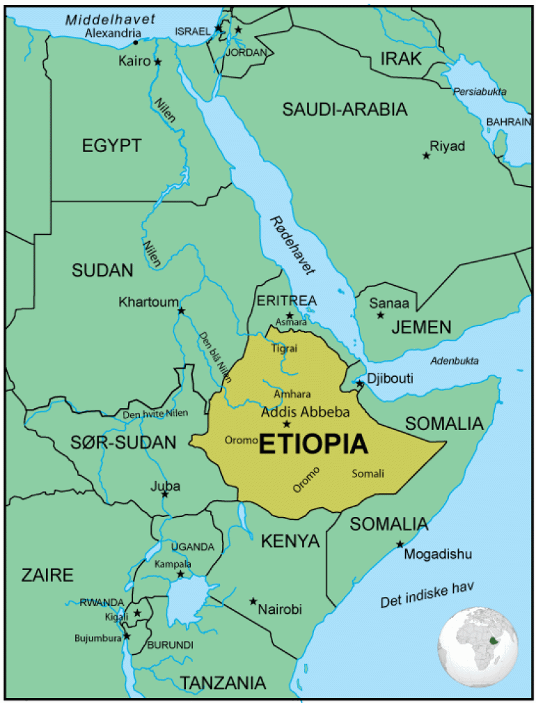 Kart over Etiopia med naboland
