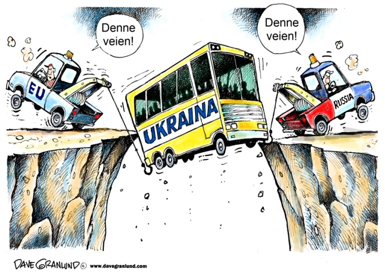 Tegning som viser et Ukraina for stort til å bli løftet både av EU og Russland