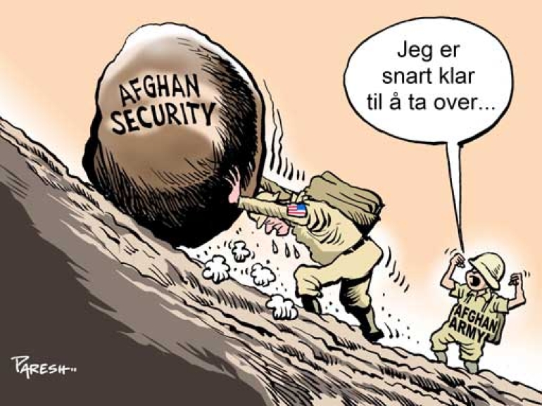 Tegning som reiser spørsmål om hvorvidt Afghanistan er rede til å ta over egen sikkerhet.