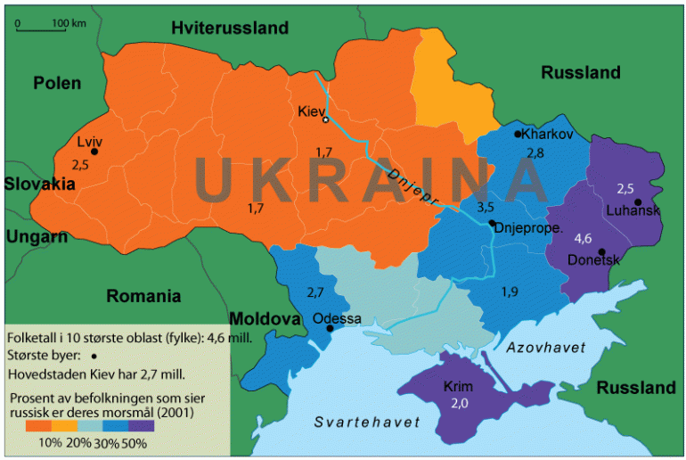 Kart over Ukraina og regioner der