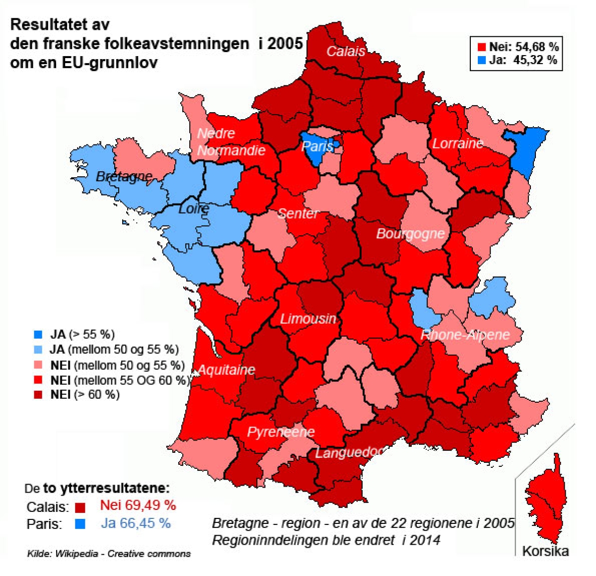 Franske regioner meg ja eller nei-flertall i 2005