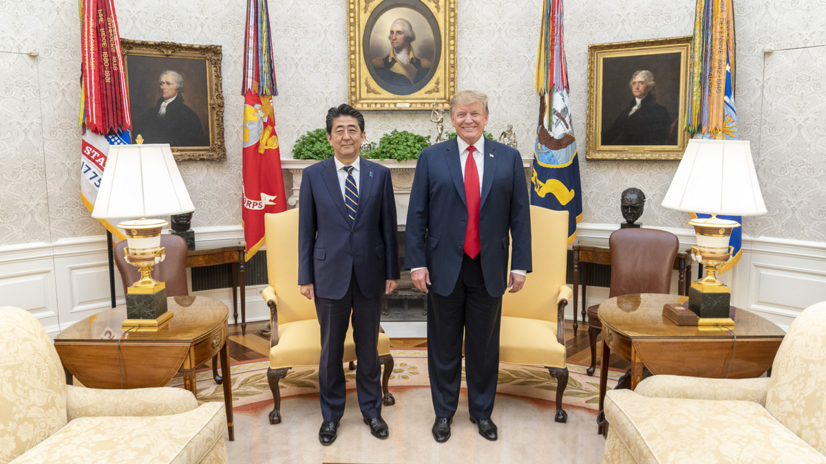The image shows President Shinzo Abe of Japan and President Donald Trump of USA