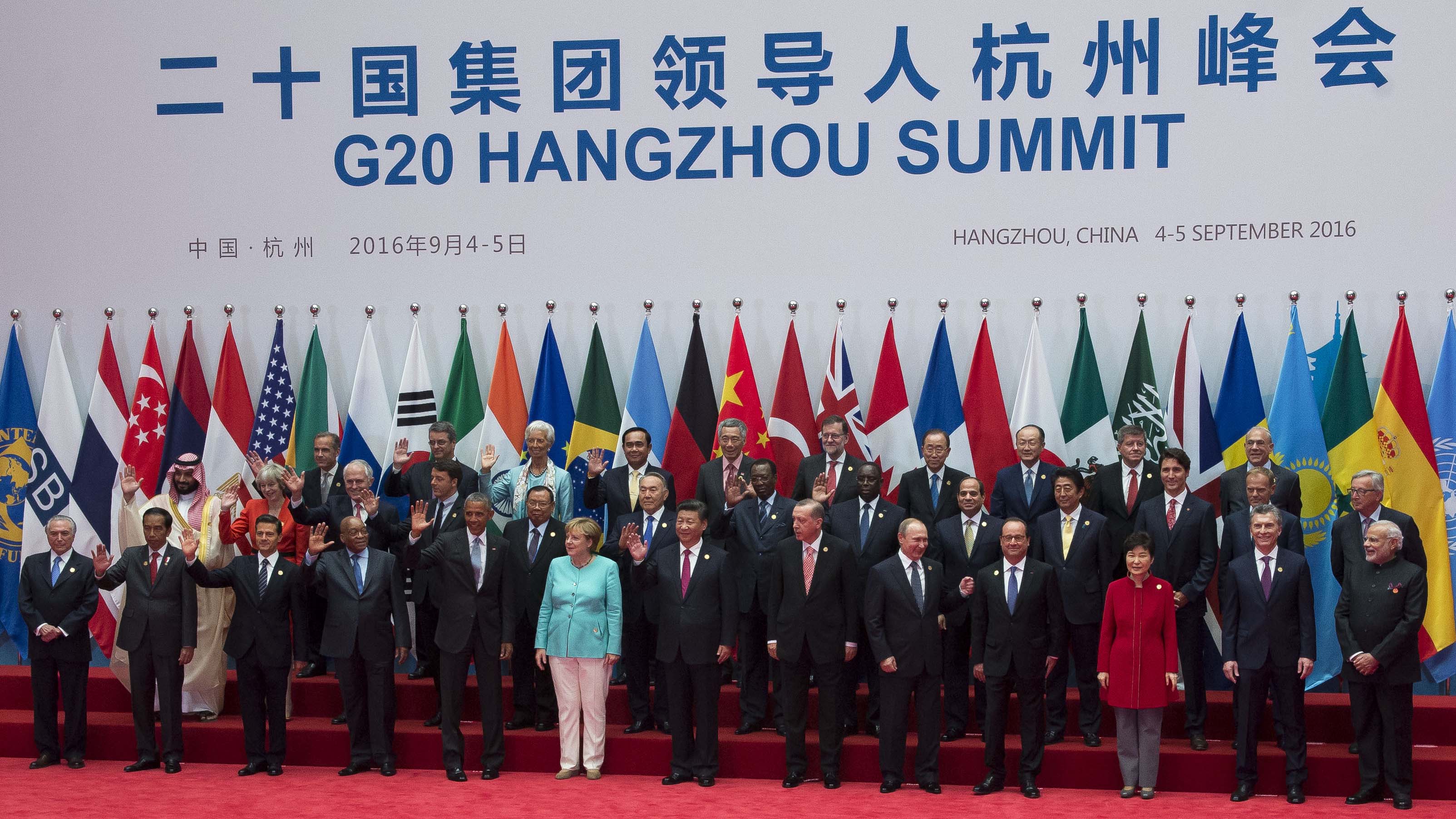 Bildet viser lederne for G20-landene på toppmøtet i Kina i 2016