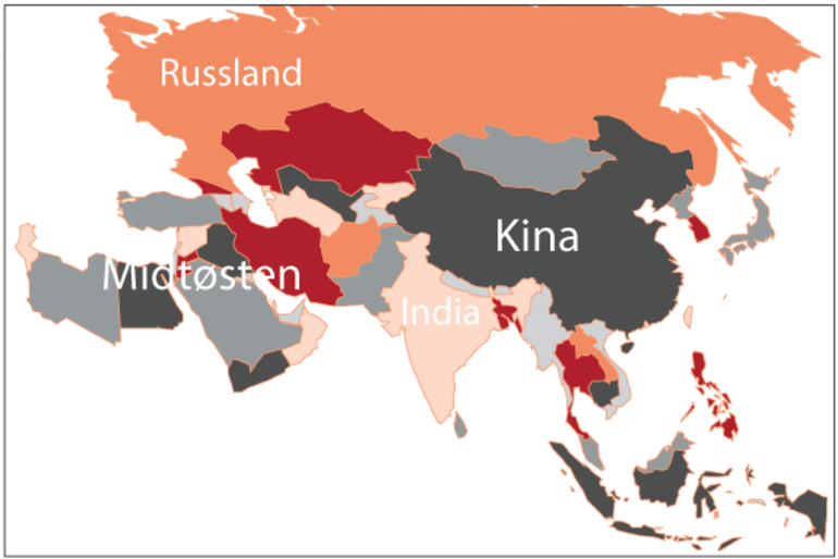 Stilisert kart med Kina, Russland, India og Midtøsten
