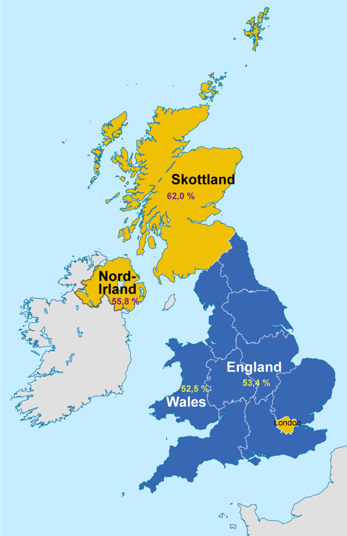 Kart som viser den regional fordelingen av Leave og Remain