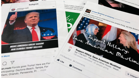 The photo shows Facebook and Instagram ads linked to a Russian effort to disrupt the American political process.