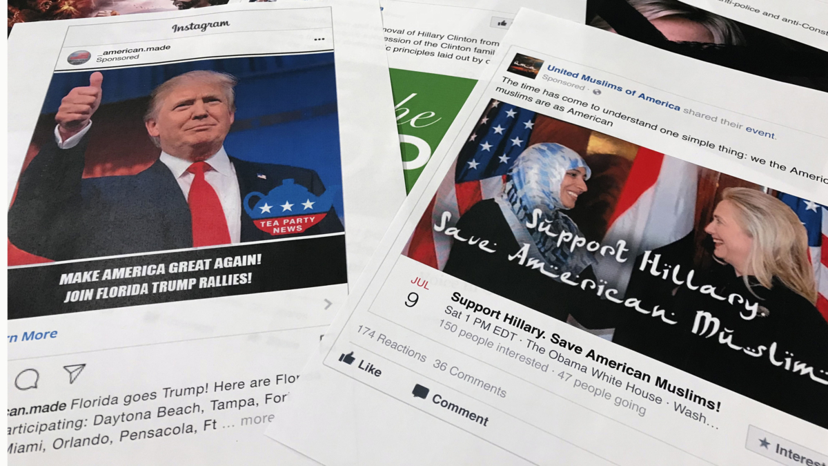 Bildet viser annonser i sosiale medier som skal ha blitt brukt til å forsyrre den amerikanske presidentvalgkampen i 2016.