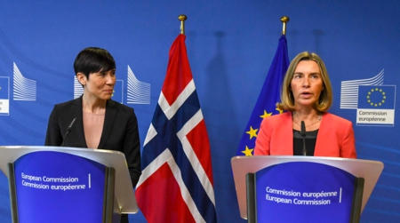 Bildet viser utenriksminister Ine Eriksen Søreide og EUs utenrikssjef Federica Mogherini.