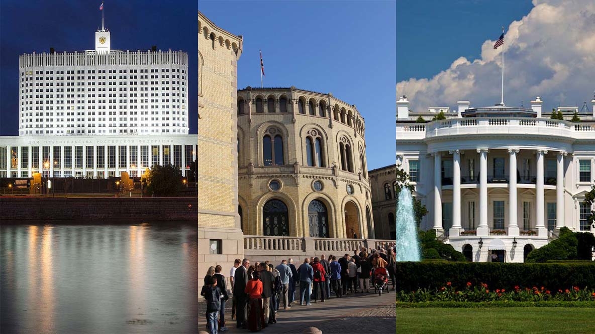 Bildet viser parlamentsbygningen i Russland, Stortinget og Det hvite hus