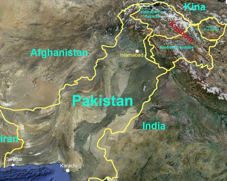 Terrengkart over Pakistan med naboland.